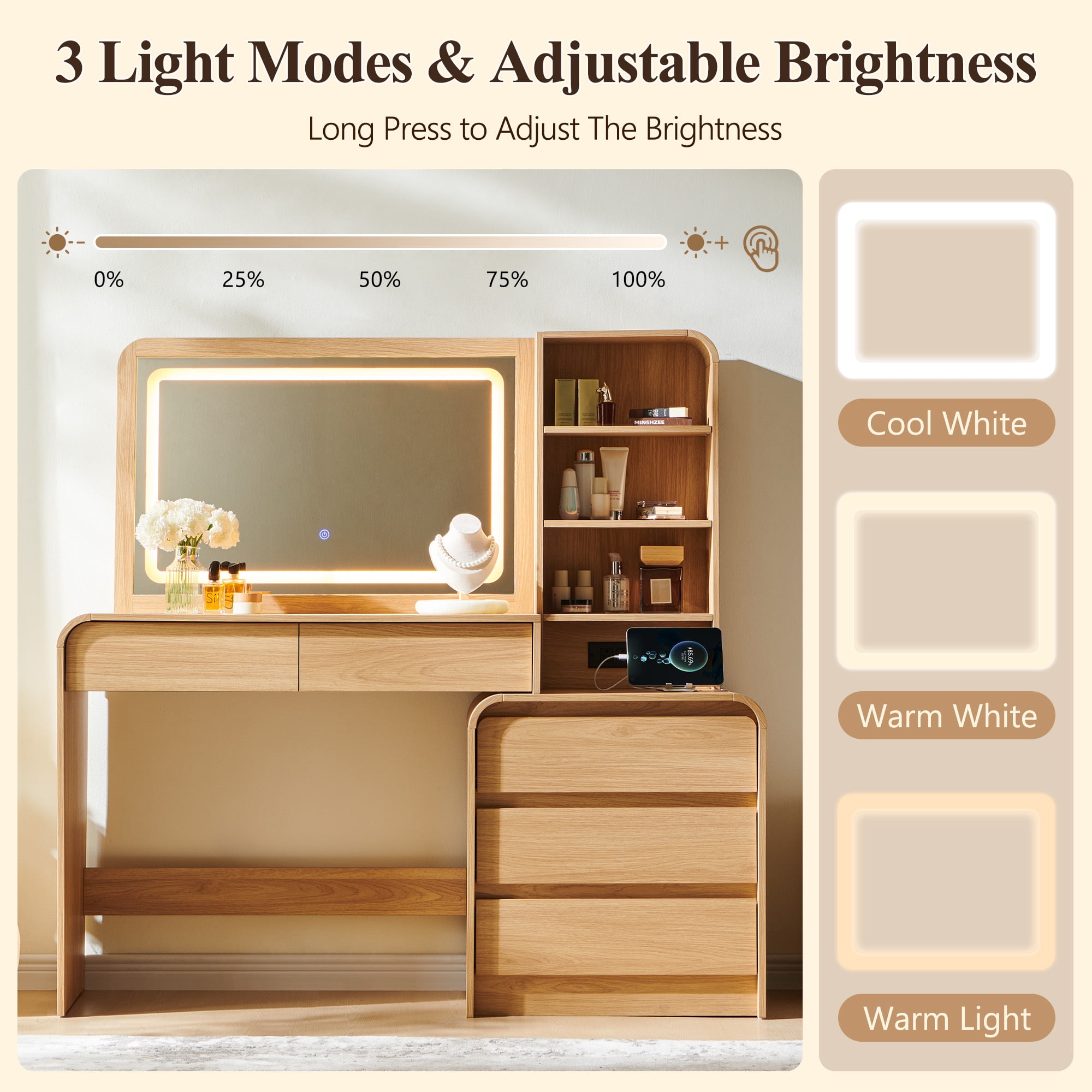 wow97e Modern Vanity Desk with Touch Screen LED Mirror, 55" Big Make Up Table with 5 Drawers , Wood Dressing Tablew/3 Color Available, Charging Station