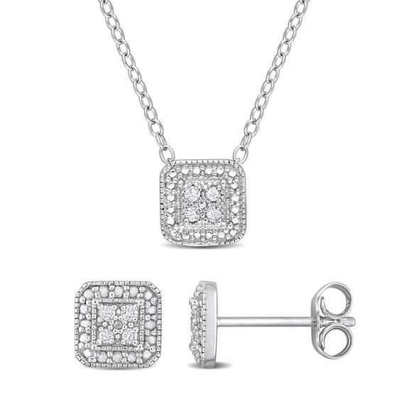 Everly Women's 1/8ct TW Diamond Sterling Silver Square Stud Earrings and Pendant Set - 18 in