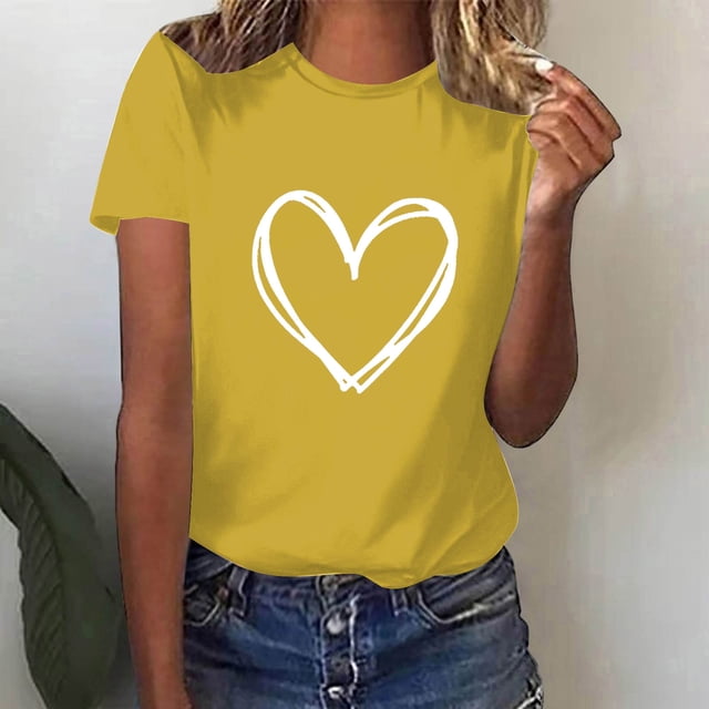 Meichang T-Shirts de la Saint-Valentin pour Femmes Hauts Mignons T-Shirts à Motif de Cœur Hauts de Fête Manches Courtes Blouses Décontractées de Printemps Col Rond Chandails à Enfiler