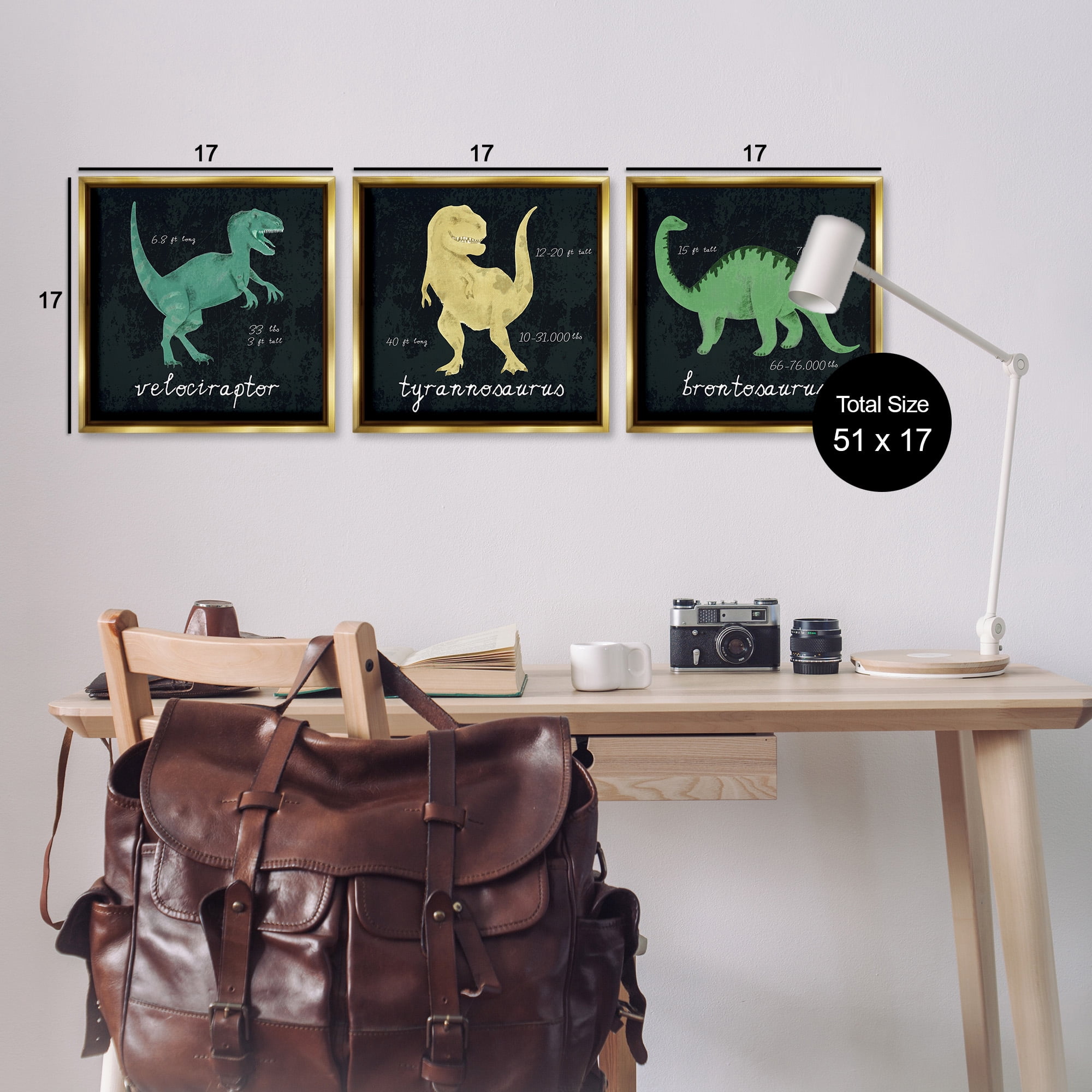 Stupell Industries Dinosaur Facts Chalk Inspired Design Animals & Insects Painting Gold Floater Framed Canvas Art Print Wall Art, 18 x 18, Set of 3
