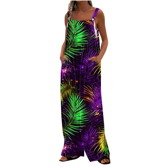Womens Rompers and Jumpsuits Long Pant Women's Printed Jumpsuit Casual Button Pocket Sleeveless Wide Leg Trousers