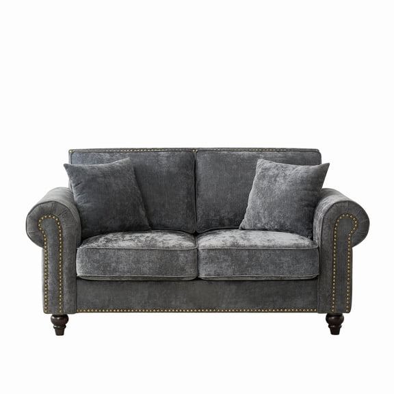 63" Modern 2-Seater Sofa with Rolled Arms,Chenille Upholstered Couch with Wood Legs and Nailhead Trim for Living Room, Apartment,Gray