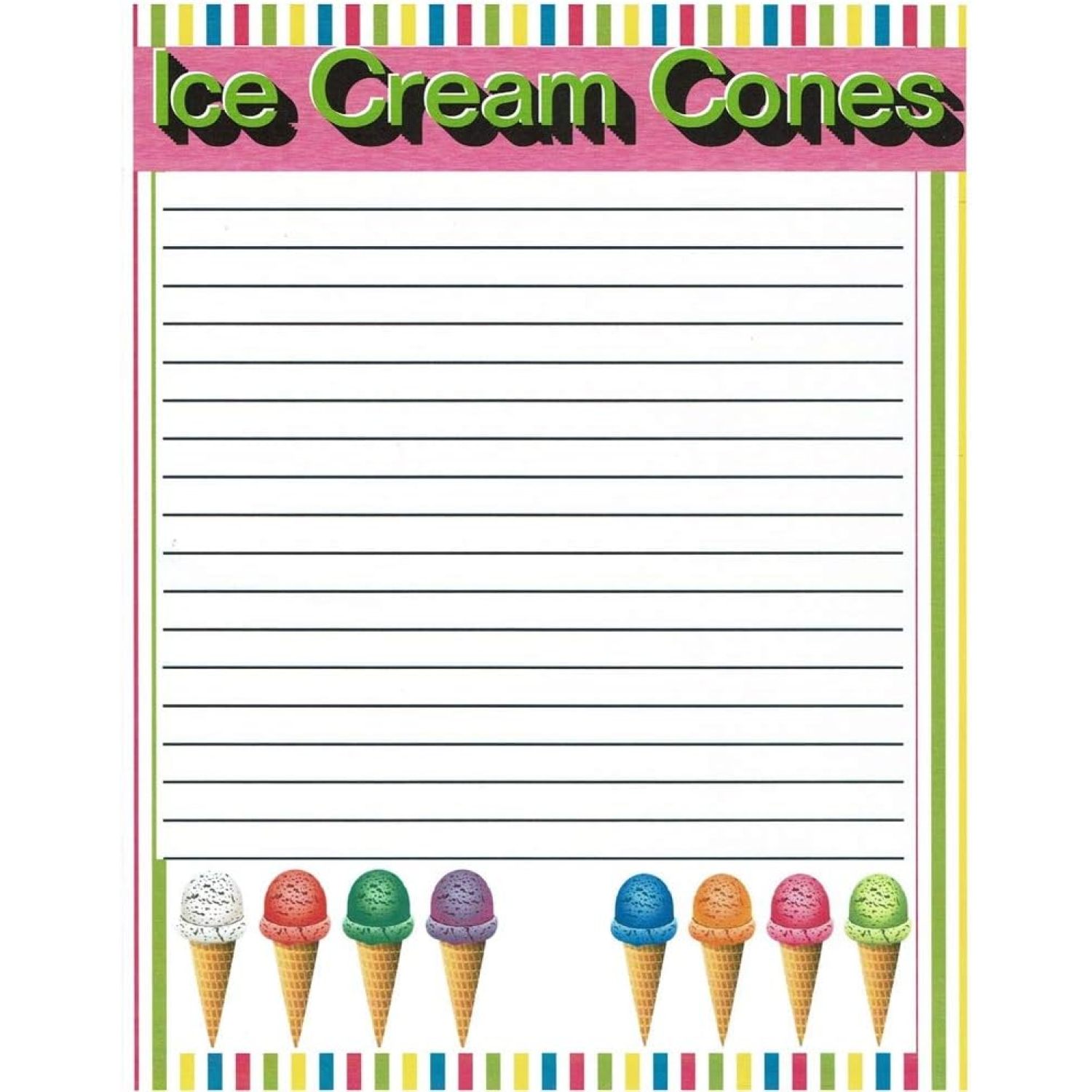 Kid's Camp Ice Cream Cones Lined Stationery Paper 26 Sheets