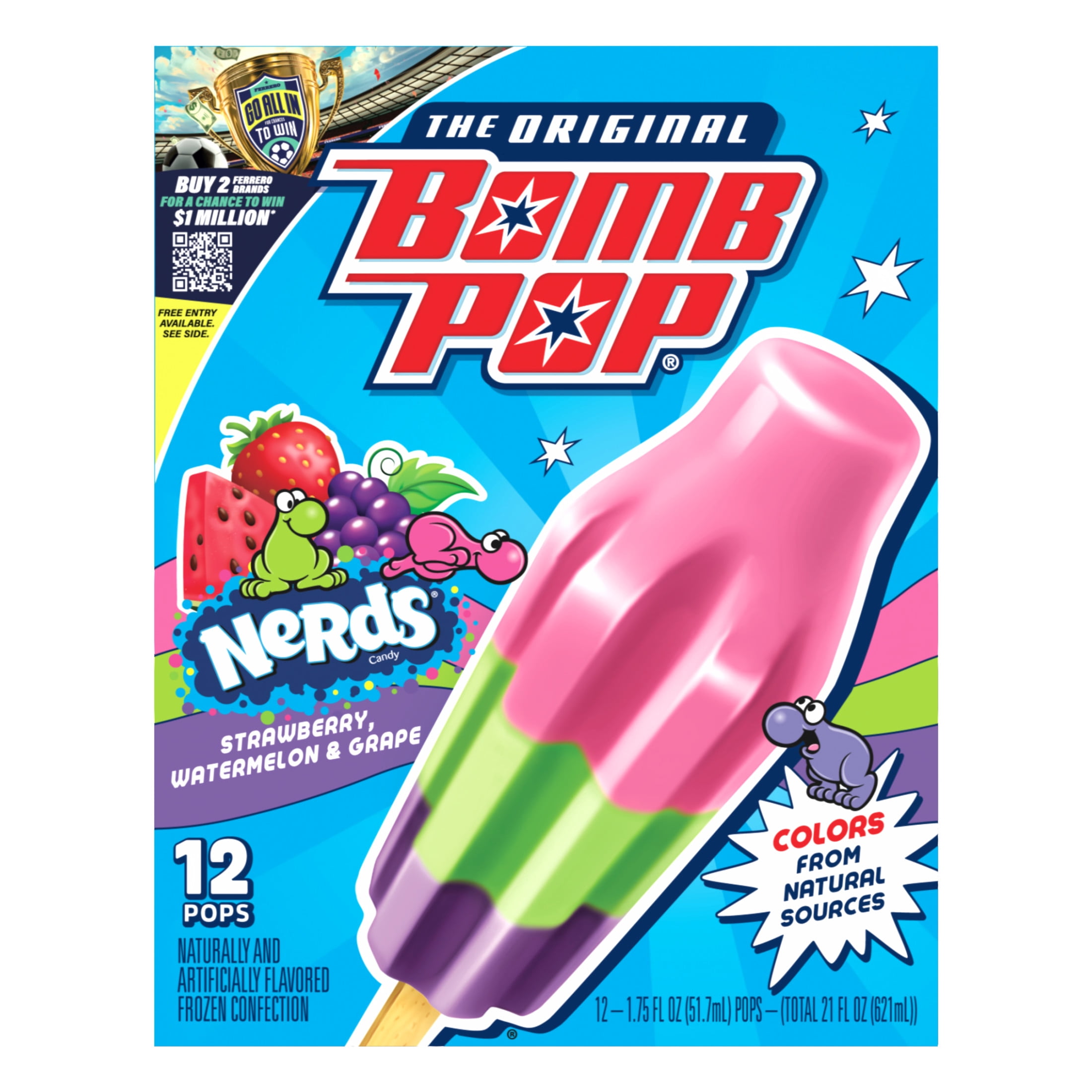 Bomb Pop NERDS Freeze Ice Pop, Frozen Freezer Dessert, 12 Pack