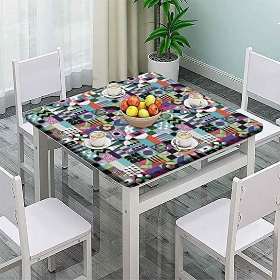 Fitted Square Tablecloth Fits Tables up to 40", Geometric Print Waterproof Wipeable Table Cloth, Elastic Polyester Table Cover for Picnic Party