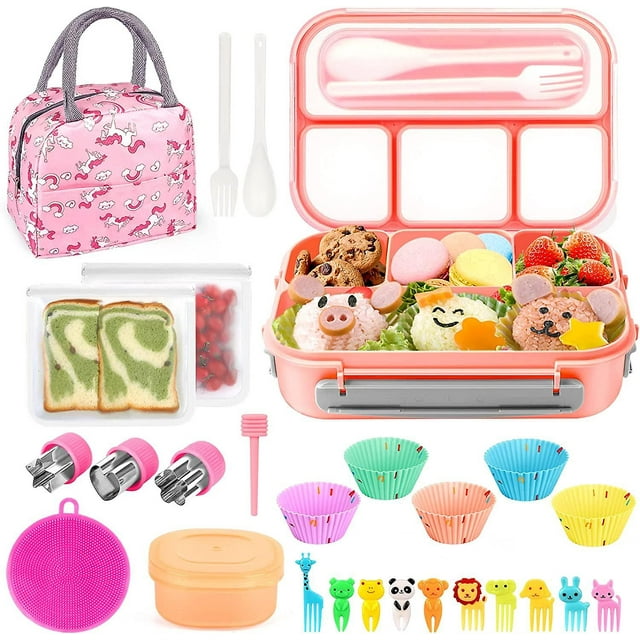 27 Pcs Bento Box Lunch Box Kit, Stackable 3-in-1 Compartment Japanese Lunch Box Set W/ Soup Cup Sauce Can, Spoon Compatiblek, Cake Cups, Fruit Picks