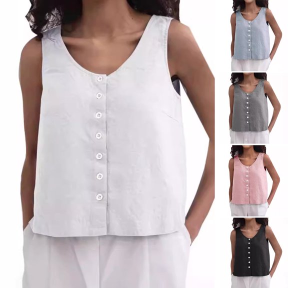 Joernso Women Summer Vest Round Neck Sleeveless Loose Fit Tops Solid Color Button Placket Design Tank Tops Streetwear