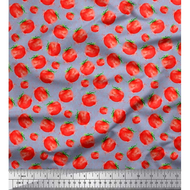 Soimoi Blue polyester Crepe Fabric Tomato Vegetable Print Fabric by the Yard 42 Inch Wide