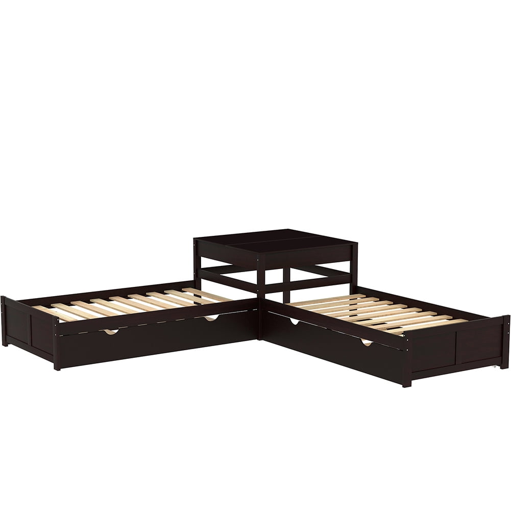 Kadyn L-shaped Platform Bed with Two Trundles and Built-in Square Table,Espresso Kadyn L-shaped Platform Bed with Two Trundles and Built-in Square Table,Espresso