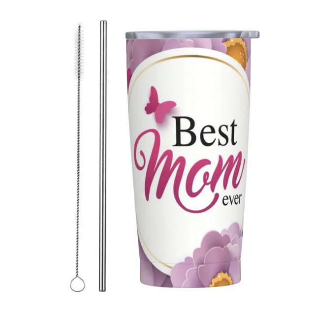 Taza térmica portátil de acero inoxidable con pajita para café, 20 oz, color blanco, para el día de la madre