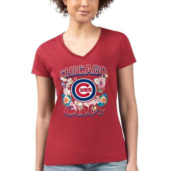 Women's G-III 4Her by Carl Banks Red Chicago Cubs Super-Slim Fit Lightweight Flowers Graphic V-Neck T-Shirt