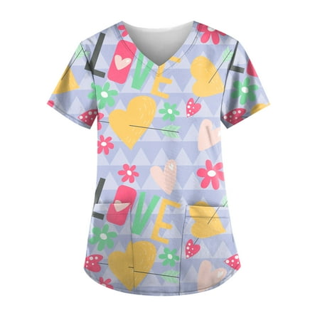 

QWERTYU Working Scrubs Top for Women Short Sleeve Professionals T Shirt Pockets V Neck Uniform Graphic Holiday Nursing Scrubs Hot Pink L