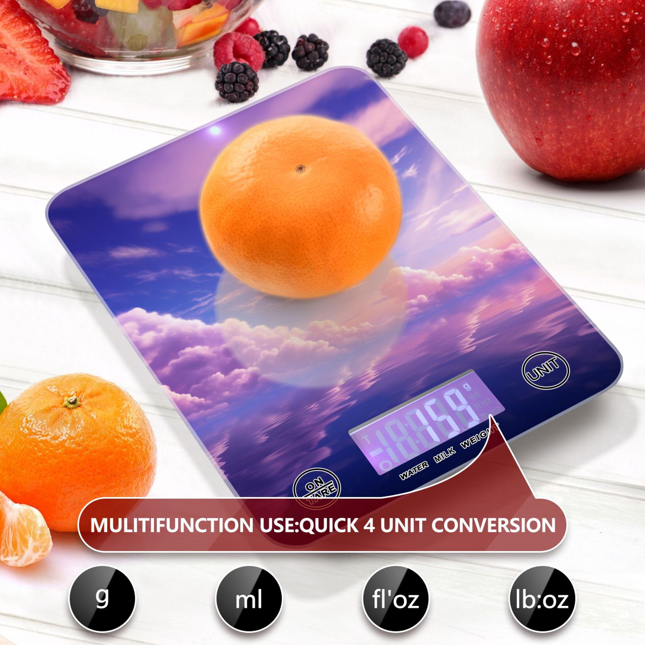 Purple Starry Sky Food Scale Digital Kitchen Scale Waterproof Tempered Glass Tare Function 11 lb for Baking Cooking Meal Prep