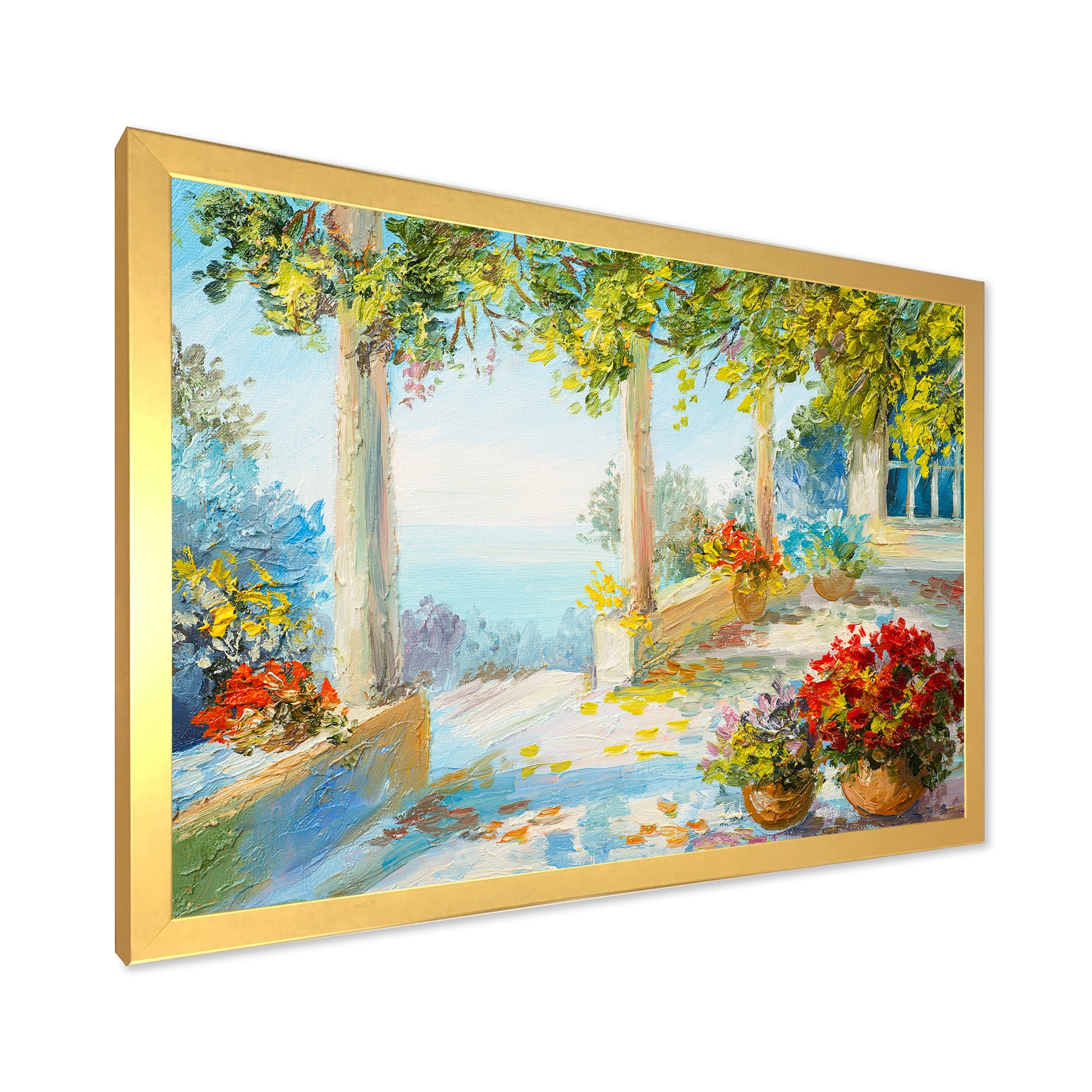 Designart 'Terrace With Red Flowers Near The Sea' Nautical & Coastal Framed Art Print