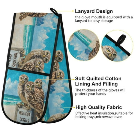 

BZSMCE Oven Mitts Owls Stand Signboard by The Sea Creative Pattern Resistant Kitchen Gloves