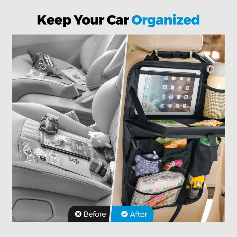 Car Backseat Organizer With Clear Tablet Holder - 10" Tablet Pocket + 5 Storage Pockets, Seat Protector & Kick Mat