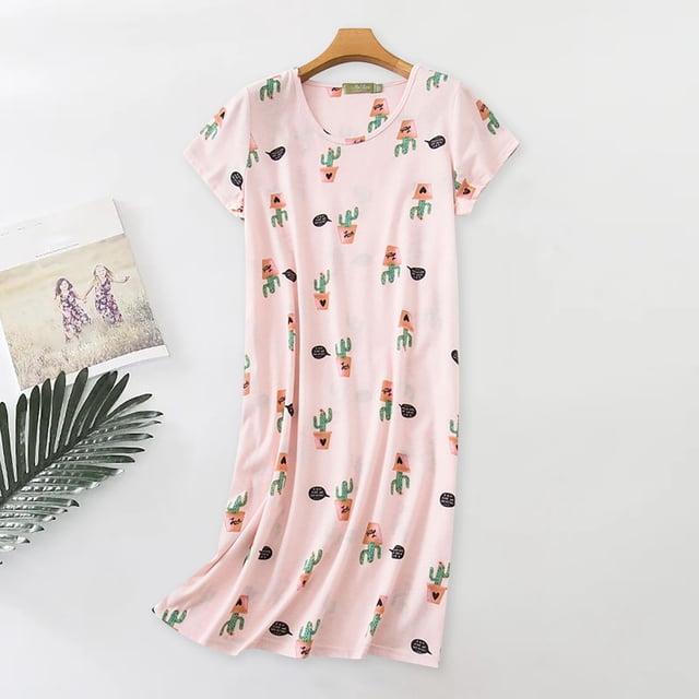 Ensembles de Pyjama pour Femmes Nuisette pour Femmes Grande Taille Mignon Dessin Animé Vêtements de Maison Tricoté Coton Doux et Gras Manches Courtes Col Rond Pyjamas L