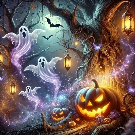 Diamond Art Painting Kits for Adults,Halloween Ghost Pumpkin 5D Diamond Painting Dots Art Kits for Adults Beginner, DIY Full Round Gem Crystal Art Paint by Diamond, Home Wall Decor 14x 14 in