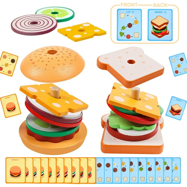 Hamburguesa Montessori de madera Pajojoqa, de juguete apilable, para 2 o 3 años
