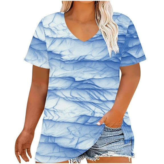 Hvyesh Womens Plus Size Tops Dressy Tie Dye Short Sleeve Shirts V Neck Tunic Blouses Going Out Blouses