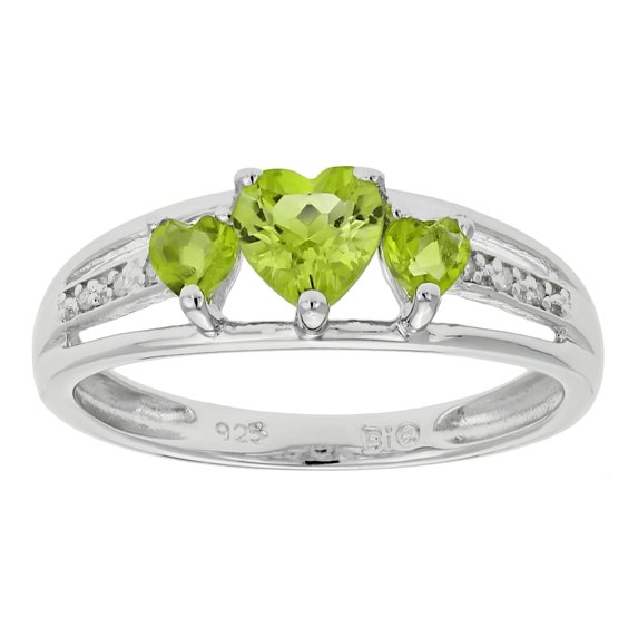 .70 Ct Triple Heart Green Peridot .018 cttw Diamond Sterling Silver Ring 5