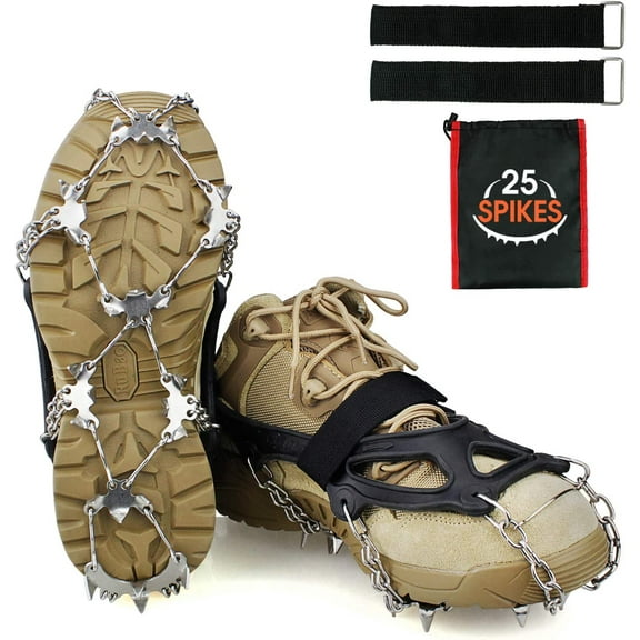 Crampons Ice Cleats Traction Snow Grips for Boots Shoes Women Men Kids Anti Slip 25 Stainless Steel Spikes Safe Protect for Hiking Fishing Walking Climbing Mountaineering