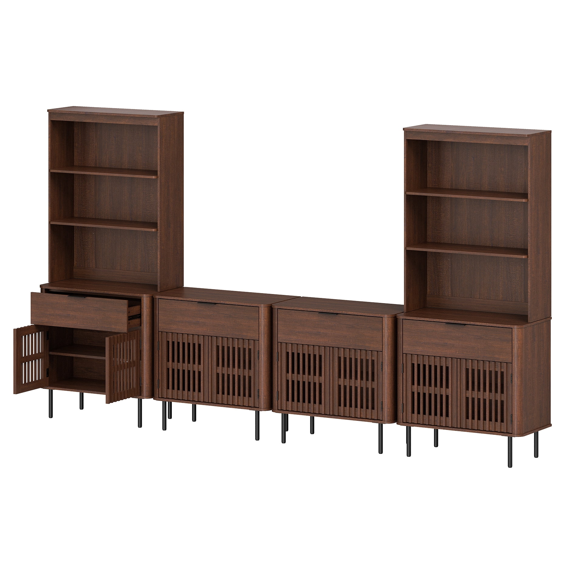 WAMPAT 72.8" Tall Bookshelf with Doors and Drawers, Modern Bookcase with Storage, Adjustable Shelves, Wood Storage Cabinet, Walnut