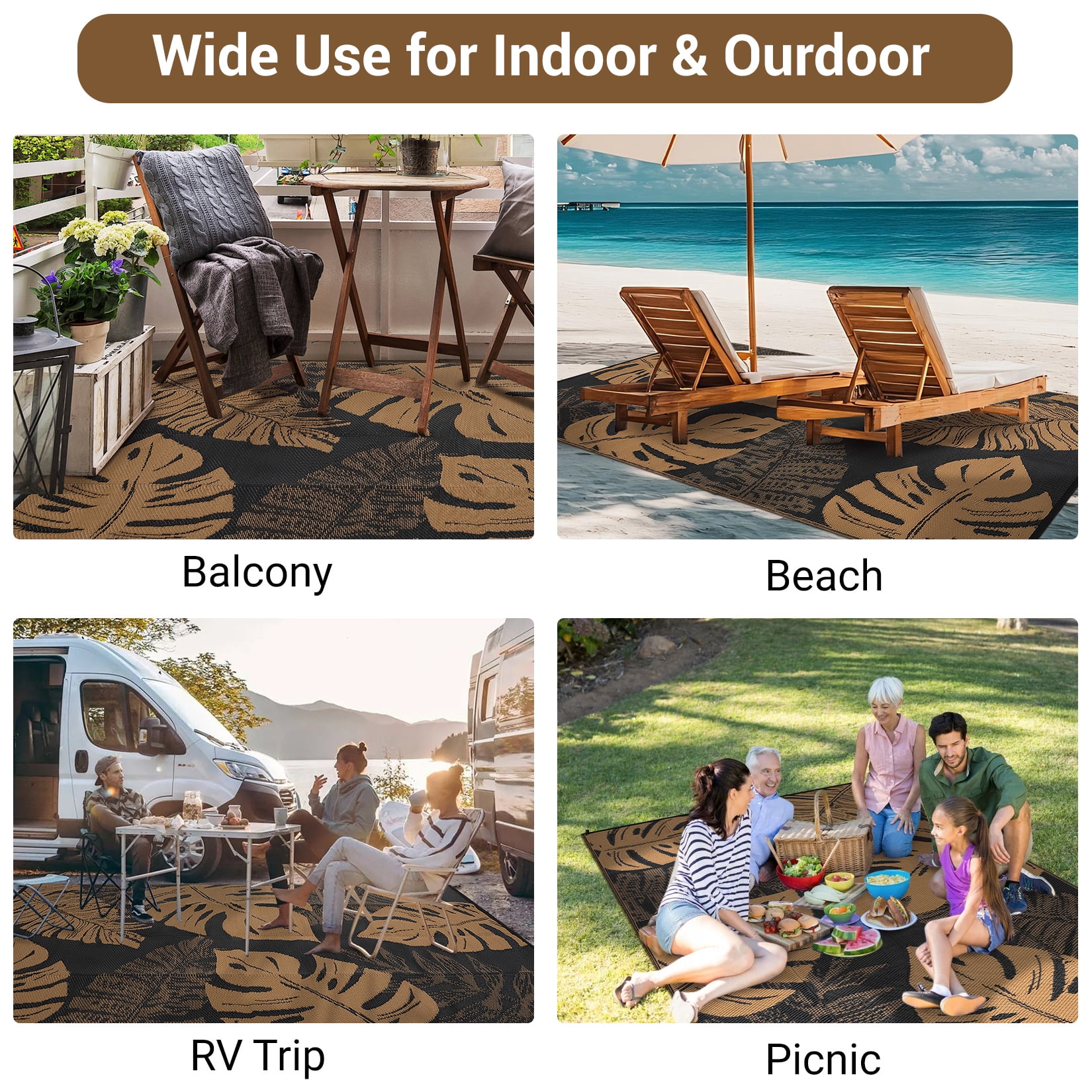HOMERRY Geometric Leaf Outdoor Rug Straw Plastic Area Rug for Balcony Pool RV Waterproof Reversible Carpet, Brown/Black, 9'x 18'
