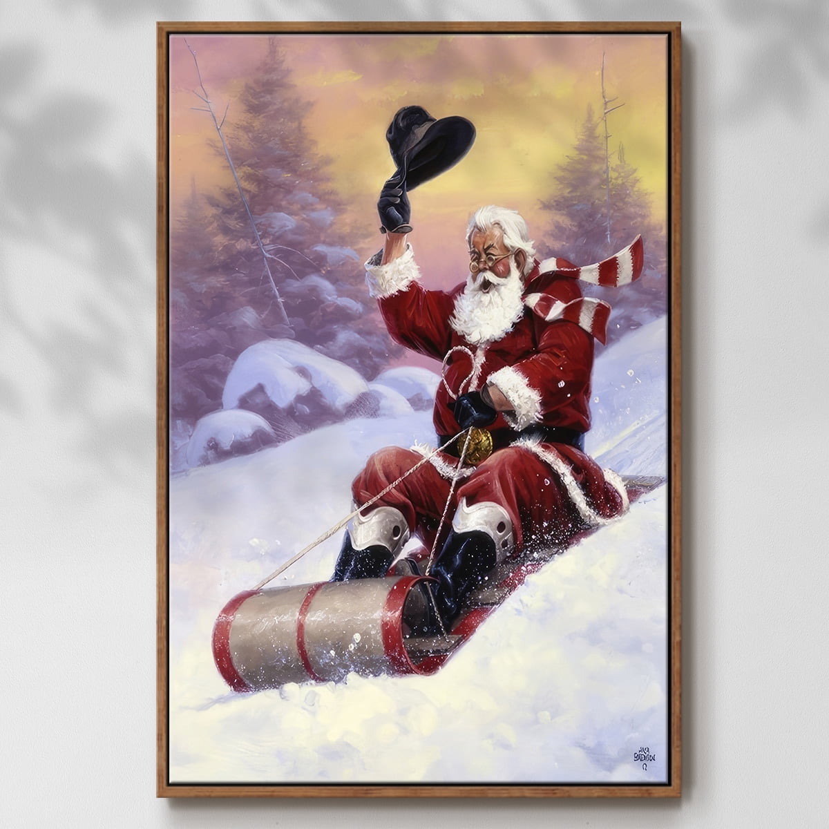 Here Comes Santa - Framed Gallery Wrapped Holiday Canvas - 17 x 25 - Rosewood Frame