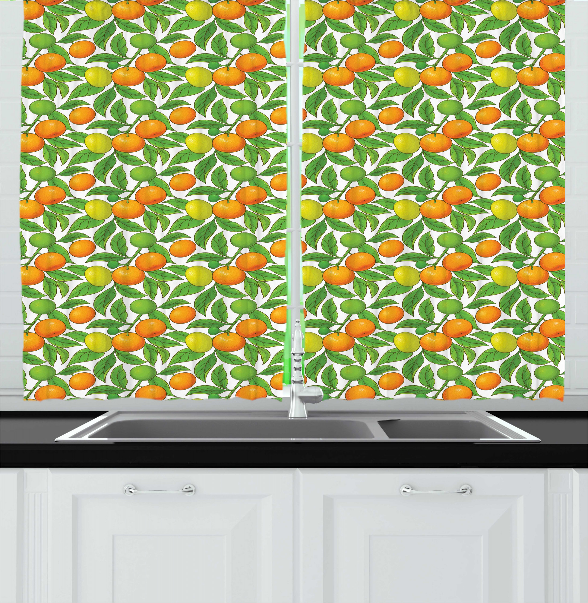Fruits Kitchen Curtains, Summer Season Vitamin Mandarin on Tree