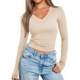 thumbnail image 4 of Long Sleeve Shirts for Women Fall Fashion V Neck Basics Crop Tops Slim Fitted Y2K Tops Outfits Clothes Oatmeal Color S, 4 of 9