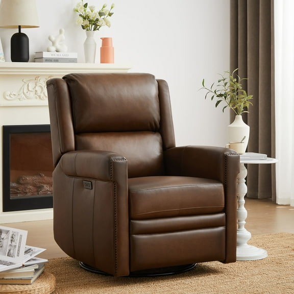 L&L LIVING 100% Top Grain Leather Power Recliner with USB and Type-C Charging Port