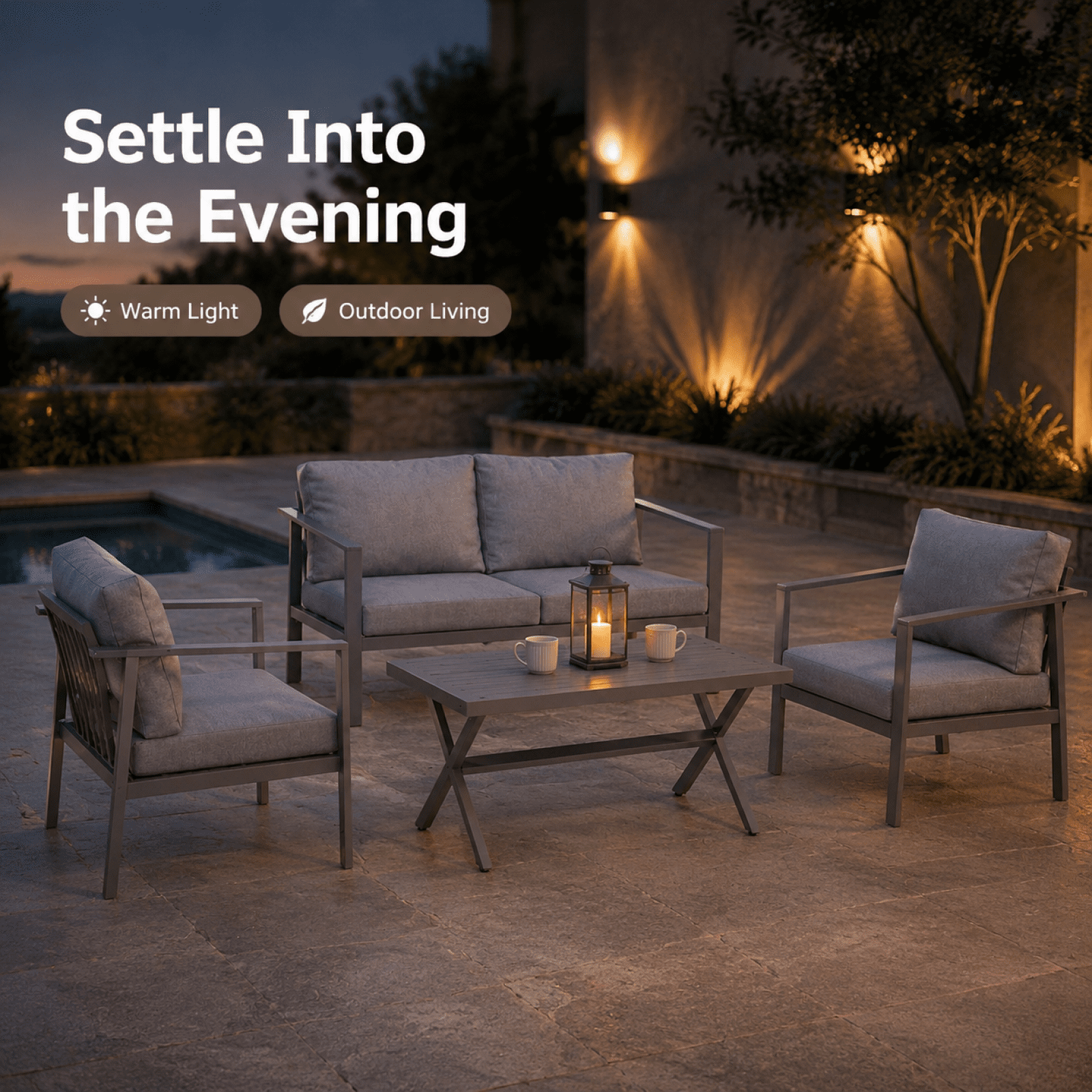 Aluminum Patio Furniture Set with Slim Armrests,4 Seat Modern Outdoor Conversation Set with Cushions and Coffee Table,Metal Patio Sofa Set Gray