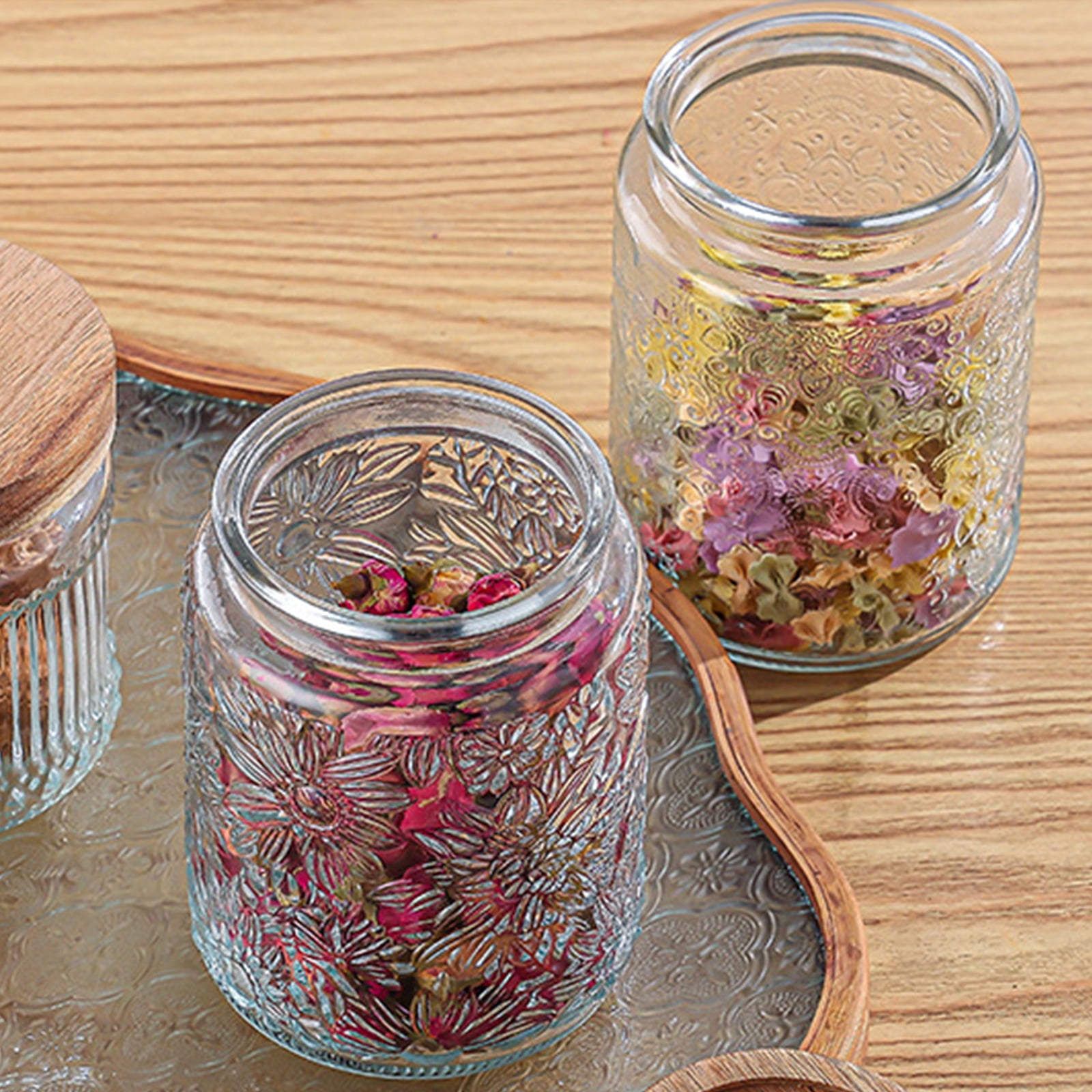 24 OZ/6PCS Glass Storage Jar with Airtight Bamboo Wooden Lids,Vintage Food Containers Canisters Sets for Kitchen Counter Pantry,Sugar,Flour,Candy,Tea,Coffee Beans,Oats,Grain Bin