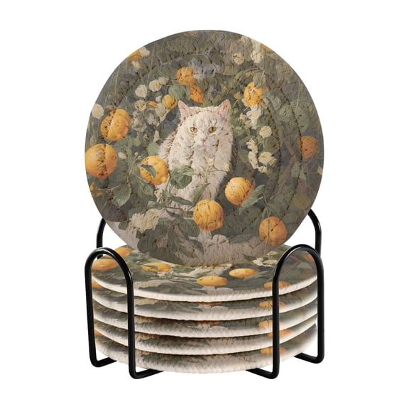Cat Oranges Leaves Flowers 6 Pcs Drink Coasters with Holder Absorbent Coasters Woven Coasters for Drinks Table Desk Protection Home Decor