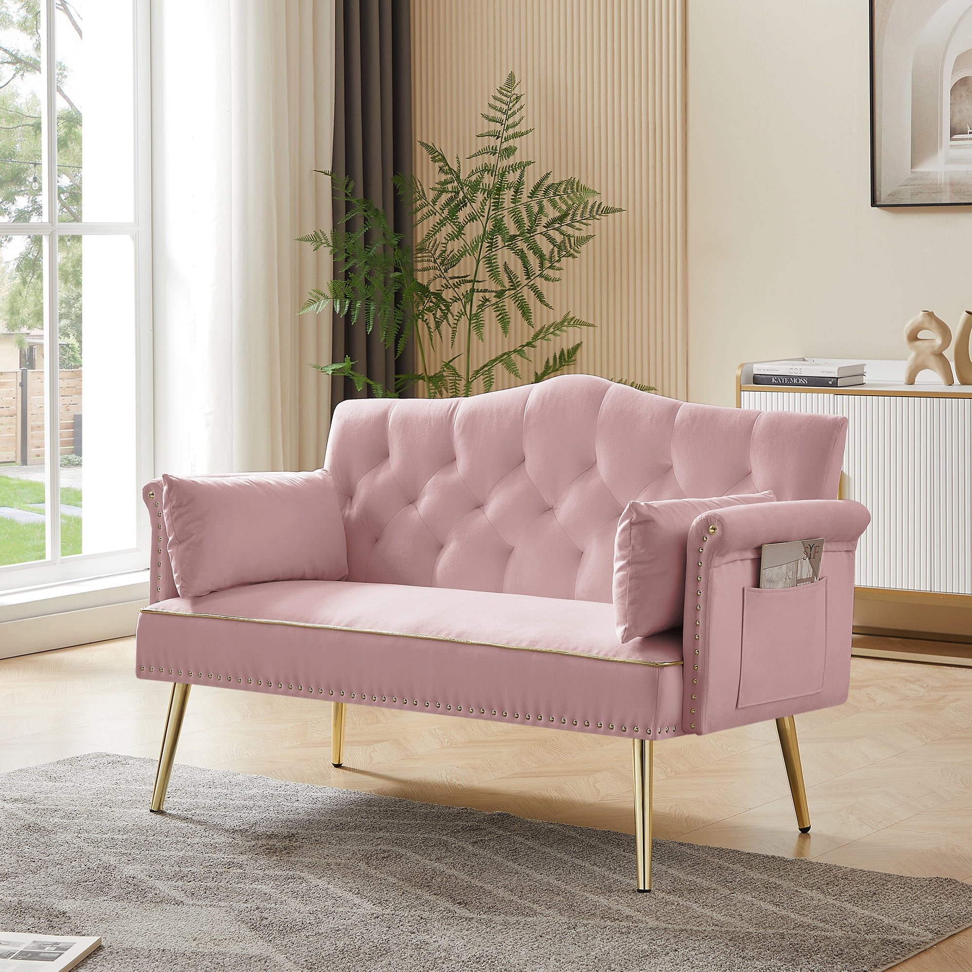 Modern 2 Seater Velvet Sofa, Button Tufted Small Couch Loveseat with Nailhead Trim and Pillows for Living Room Bedroom Apartment
