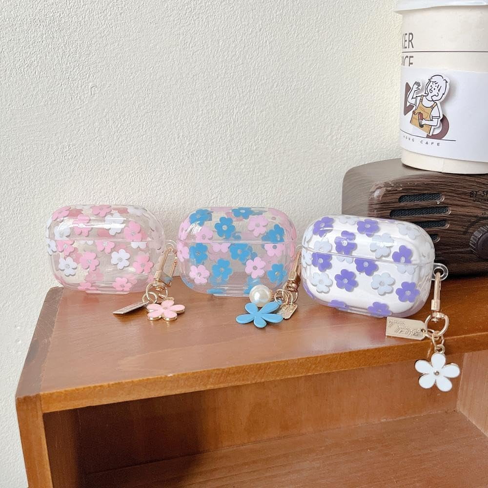 Coque TPU Souple Fleurs Bleue Pour AirPods 1/2 - Avec Kit De Nettoyage Et Porte-clés - Protection Antichoc Et Anti-rayures