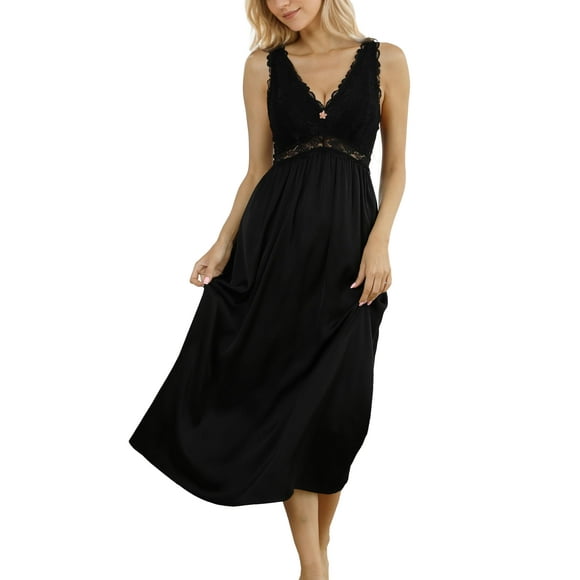 Camisón ALCEA ROSEA de satén de seda con encaje para mujer (negro L)