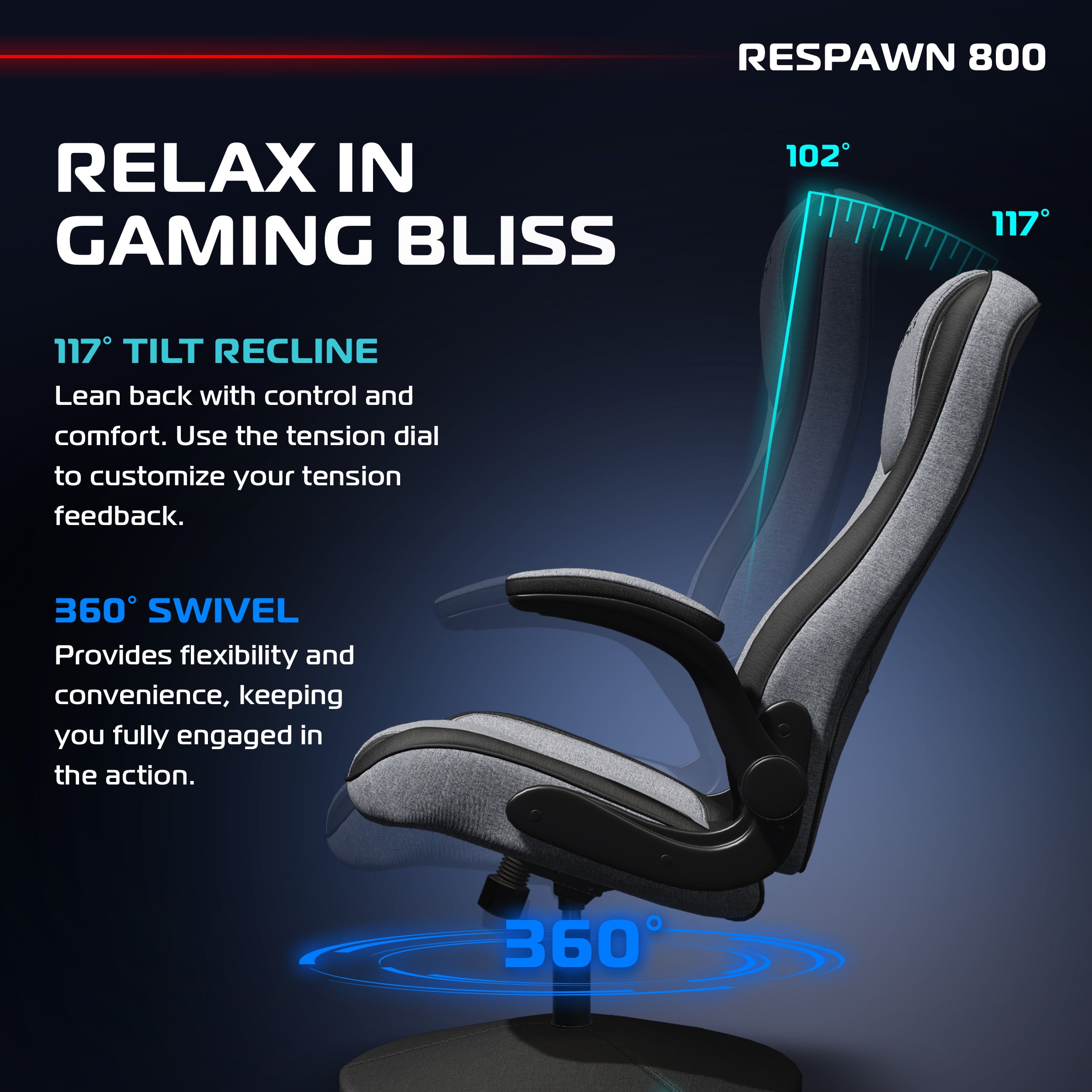 RESPAWN 800 Swivel Rocker Gaming Chair - Ergonomic Floor Gaming Seat with Lumbar Support, Flip Up Armrest, High Back, Pedestal Base, Comfortable No Wheels Consle Video Game Rocker Chair - Gray Fabric