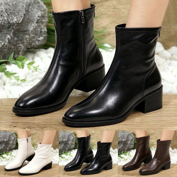 Pandaie Womens Stretchy Ankle Boots Pointed Toe Chunky Block Heel Pull on Slim Dressy Faux Leather Booties with Zipper Size 6-9.5