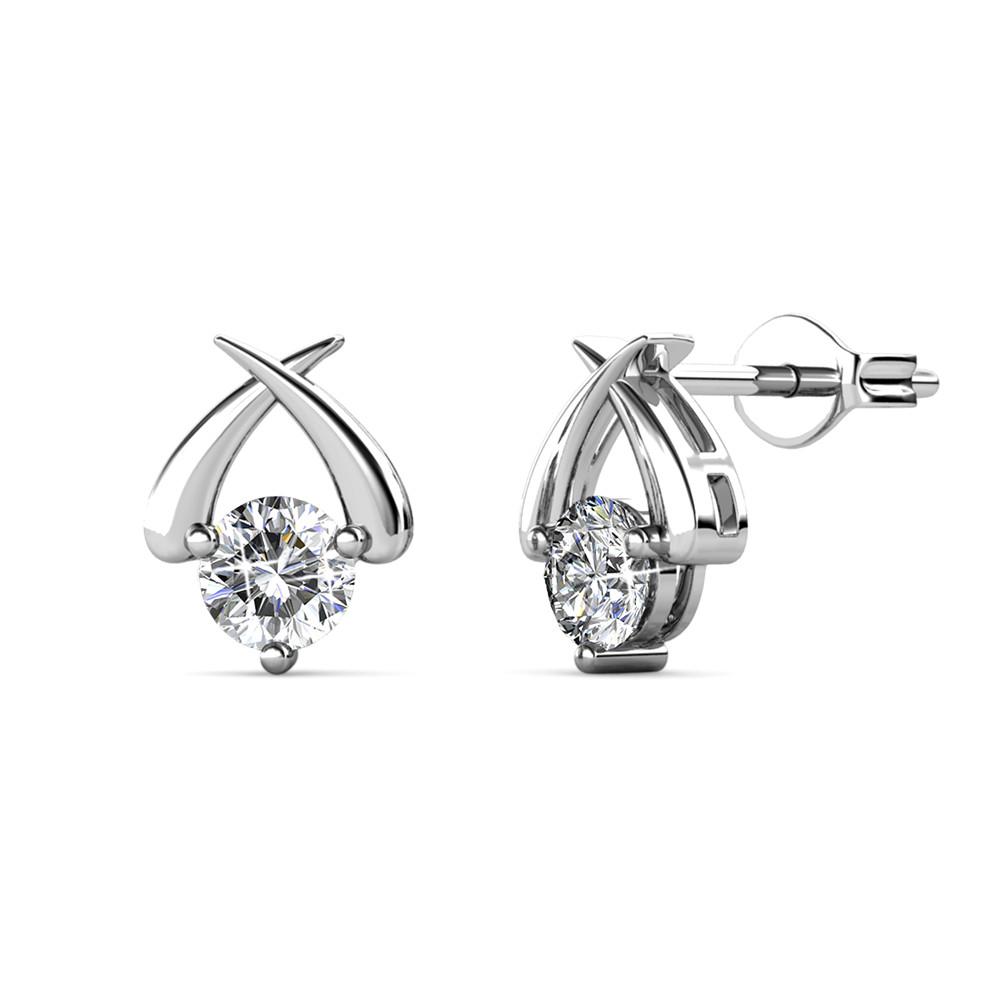 Cate & Chloe Eloise Modest Unique White Gold Stud Halo Earrings, 18k White Gold Plated Studs with Swarovski Crystals, Geometric Stud Earring Set Solitaire Round Cut Crystals - image 4 of 5