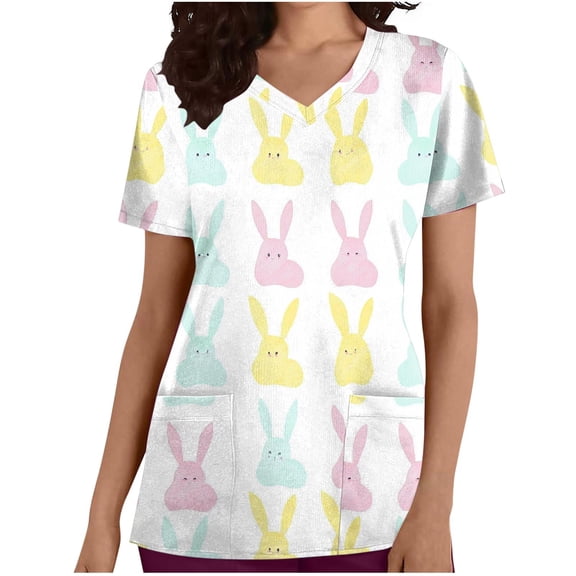 Easter Day Tshirt Women,Womens Under Scrub Tops Animal Printed Scrubs Stretch Dog Cat Pattern Uniforms Cute Pattern Nursing Workwear,Ladies Tops and Blouses
