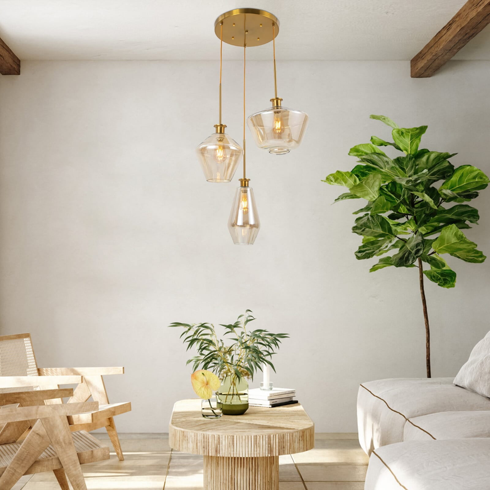 Modern Champagne Gold Glasses Pendant Light,3-Light Height Adjustable Hanging Chandelier Ceiling Light Fixture with Glass Lampshade for Dining Room Living Room