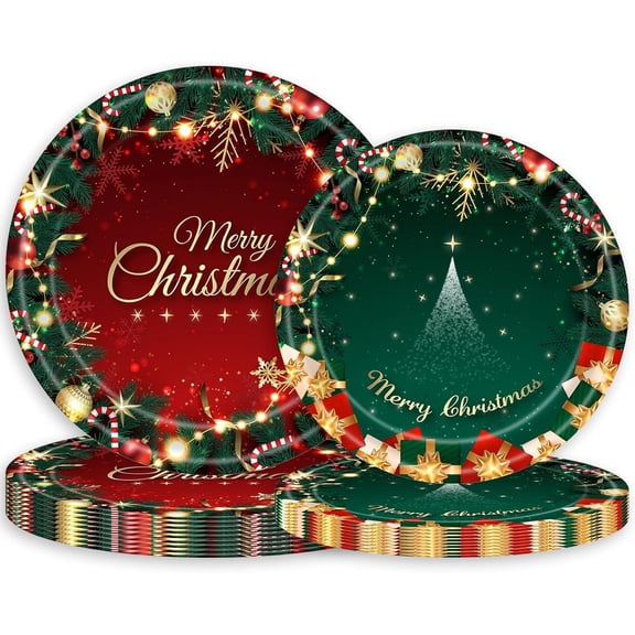 32Pcs Christmas Paper Plates Disposable Tableware Set,Xmas Tree Bell Dinnerware Plates Merry Christmas Print Dessert Plate for Xmas Table Supplies