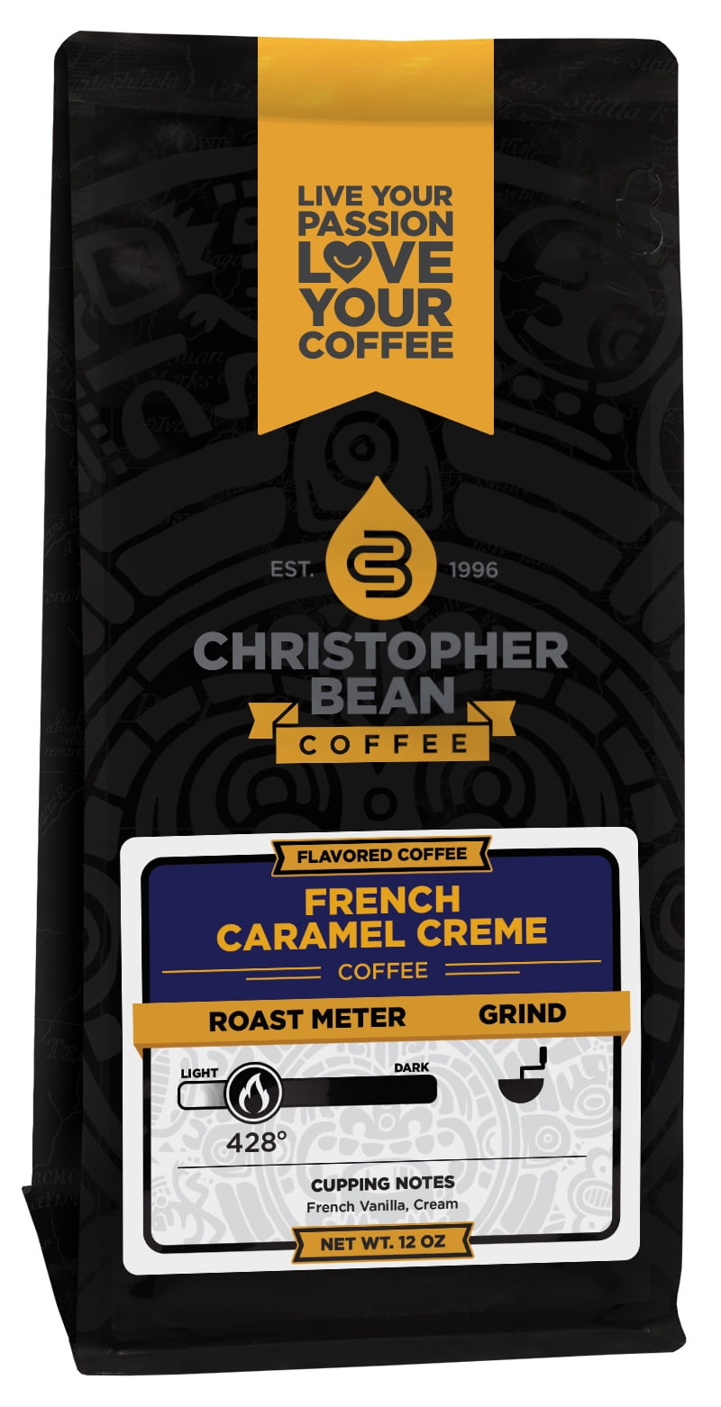 French Caramel Creme Flavored Regular Whole Bean Christopher Bean Coffee, 100% Arabica, No Sugar, No Fats, Made with Non-GMO Flavorings, 12 Oz Bag of coffee