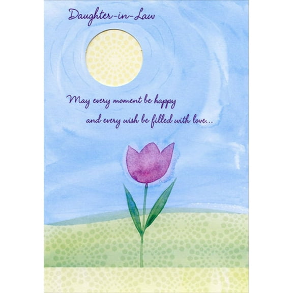 Designer Greetings Blue Sky, Die Cut Sun Window and Single Purple Flower Birthday Card for Daughter-in-Law