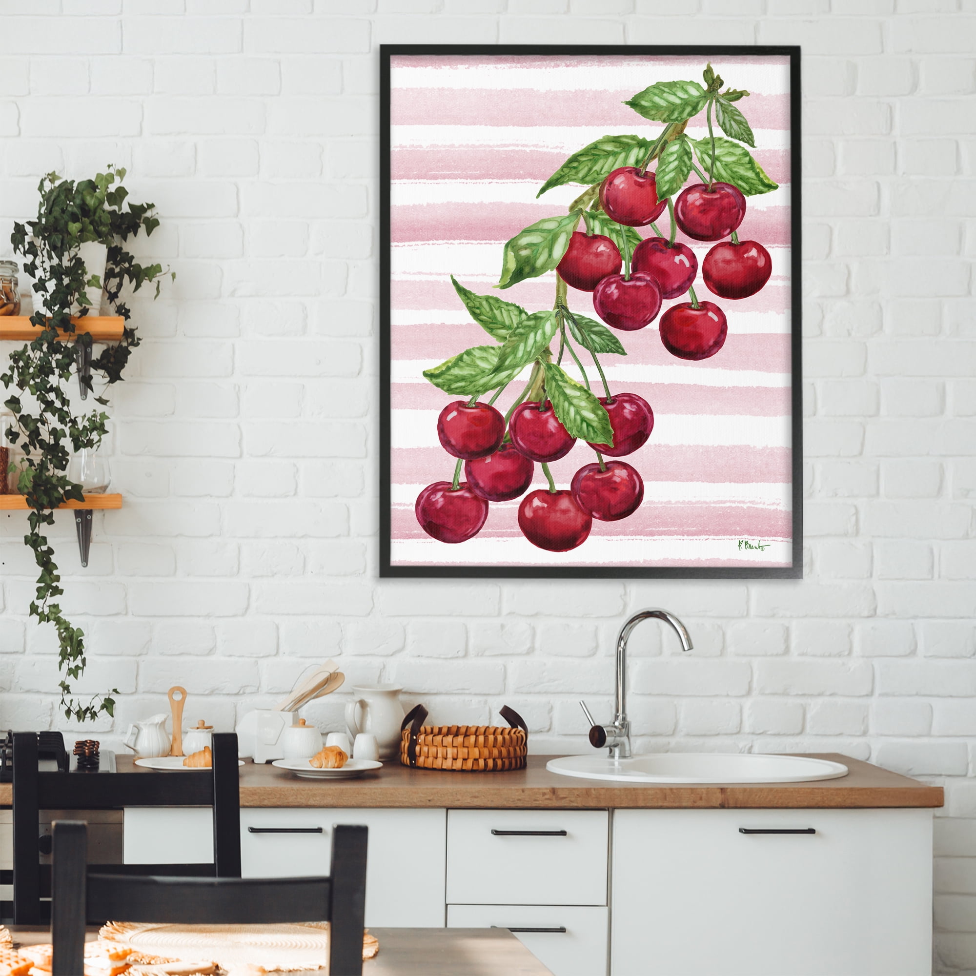 Stupell Industries Juicy Cherry Vine on Stripes Black Framed Giclee Art, design by Paul Brent