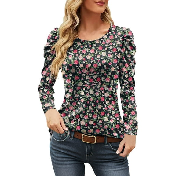 Aloohaidyvio Long Sleeve Tops,Vintage Floral Print Puff Long Sleeve Tunic Tops Pleated Crew Neck Casual Work T-Shirts Women Peplum Hem Cuffs Shirts