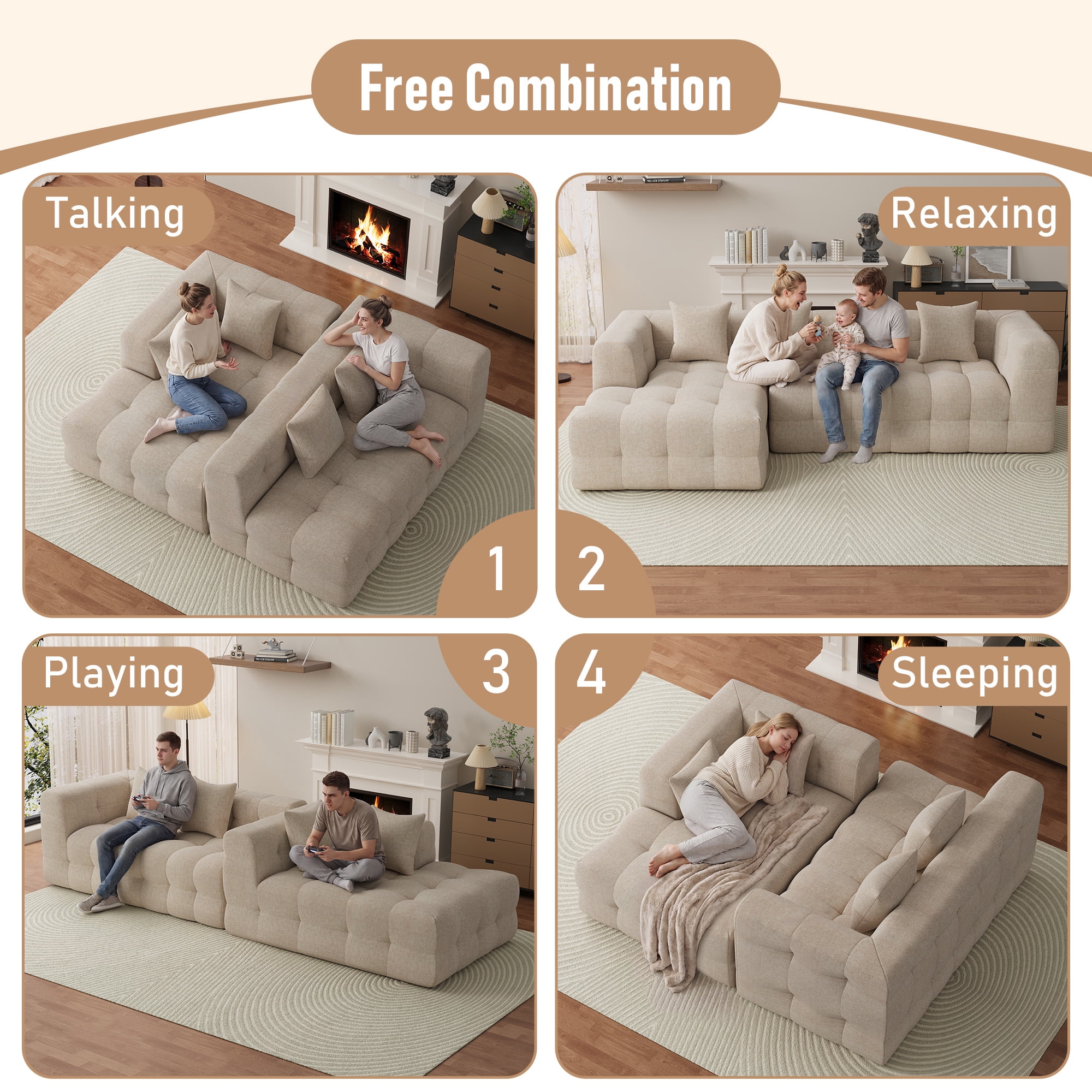 Wiilayok 120" Boneless Oversized Cloud Couch, Left Facing L-Shaped Chenille Sectional Sofa with Chaise Lounge, Deep Seat Upholstered Living Room Sofa with 4 Pillows, No Assembly, Light Brown