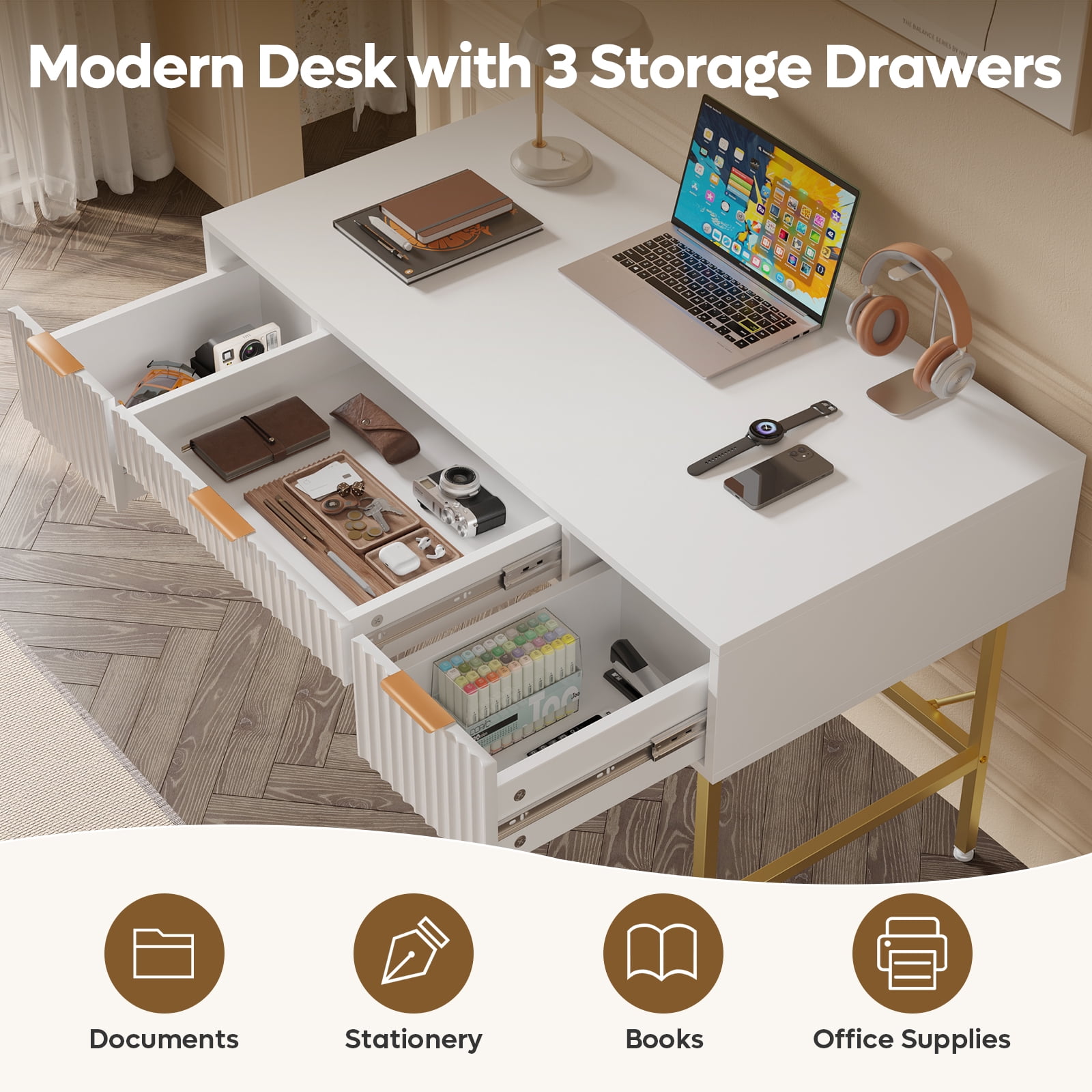 Bestier 47.6" Fluted Vanity Makeup Desk, Big Computer Writing Desk with 3 Drawers, White & Gold